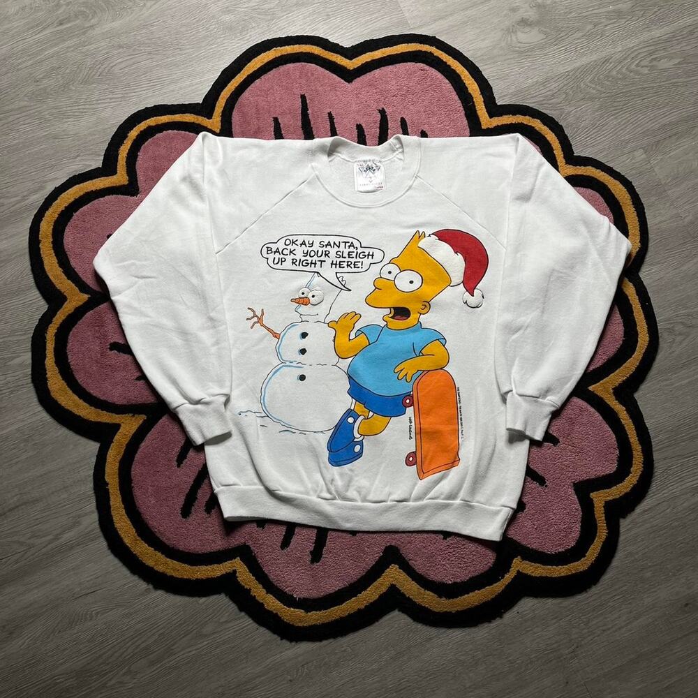 Vintage 90’s Bart Simpson Xmas Puff Print Graphic Logo Sweatshirt Size XL White